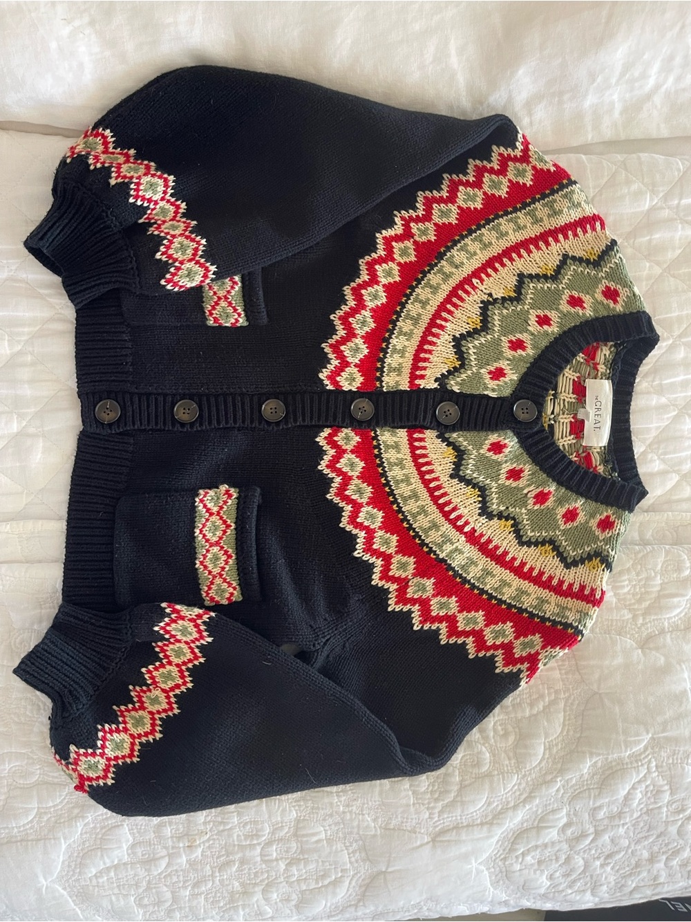 The Great. Black Fair Isle Cardigan Sweater with Red & Green Accents size 1
